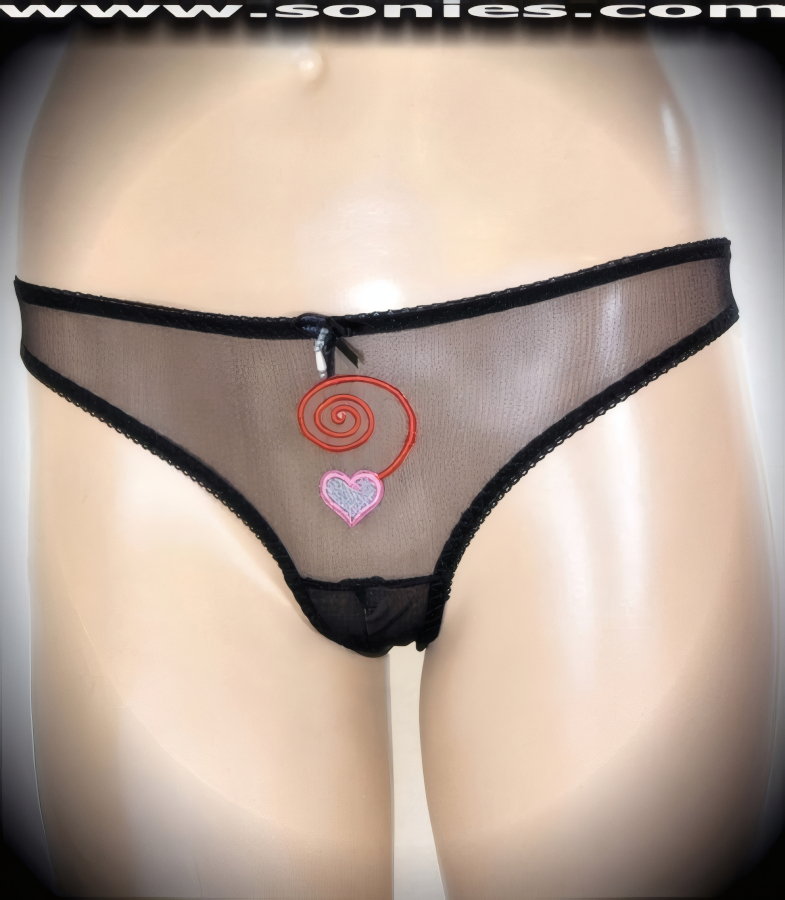 Mesh panty with slit crotch & embroidered dangling-heart
