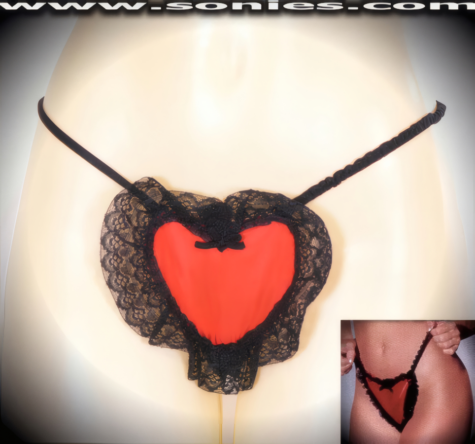 Chuli heart-shaped satin thong panty with scalloped floral lace