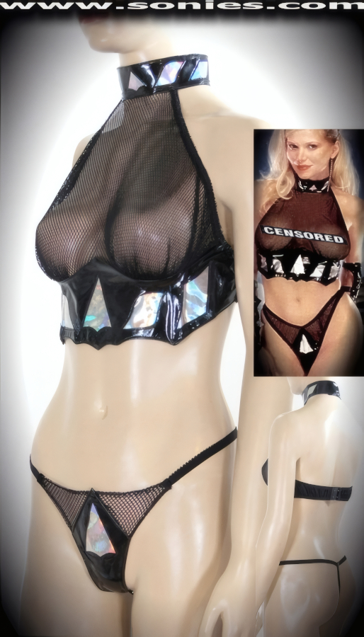 Aaron fishnet with Mylar vinyl halter top and G-String panty set