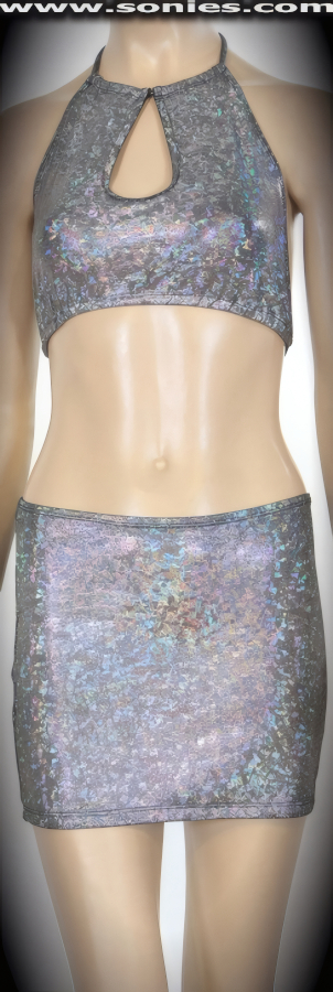Aran Fawddwy hologram Lycra crop top and mini skirt set