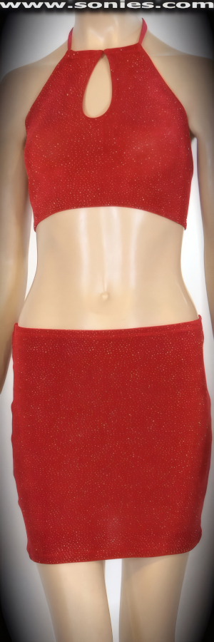 Hermosa stretch slinky Lycra halter crop top and mini skirt set