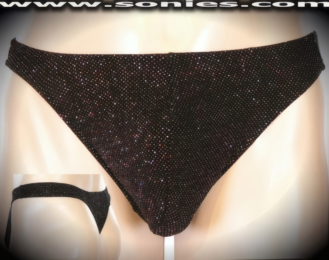 Man's Keira silver with ruby red glitter slinky Lycra thong underwear