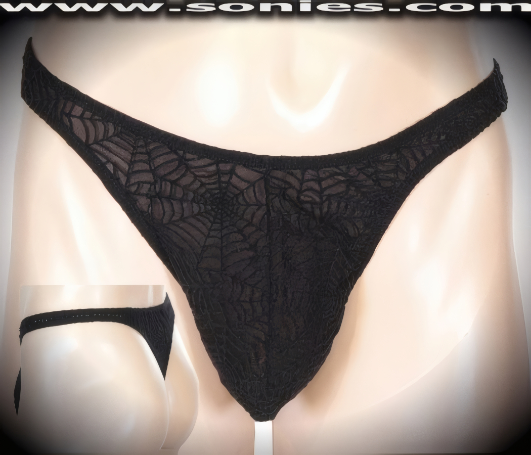 Man's Aaden dance-wear translucent spiderweb Lycra thong underwear