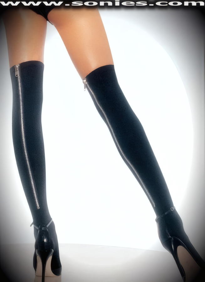 Emma Peel opaque Lycra thigh-high stockings with zip-up back