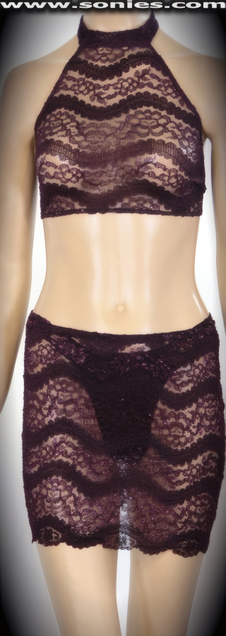 Jasmine sheer pucker lace top, mini skirt and thong set