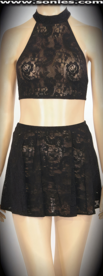 Aconcagua floral lace halter crop top, mini skirt and thong set