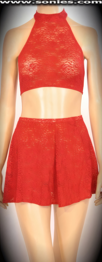 Caubvik floral lace halter crop top, mini skirt and thong set