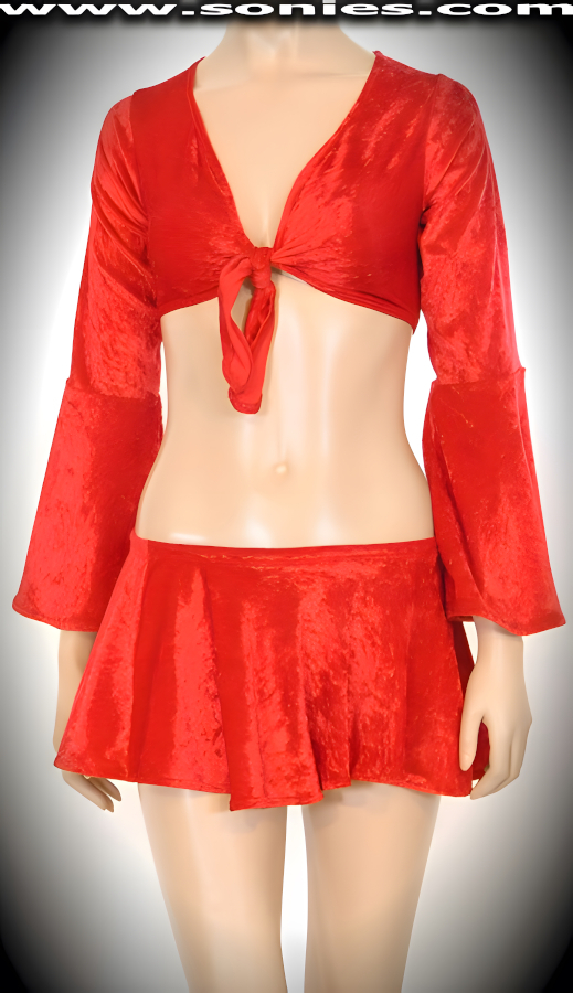 Snaefell crushed velvet tie up front crop top, skirt and thong