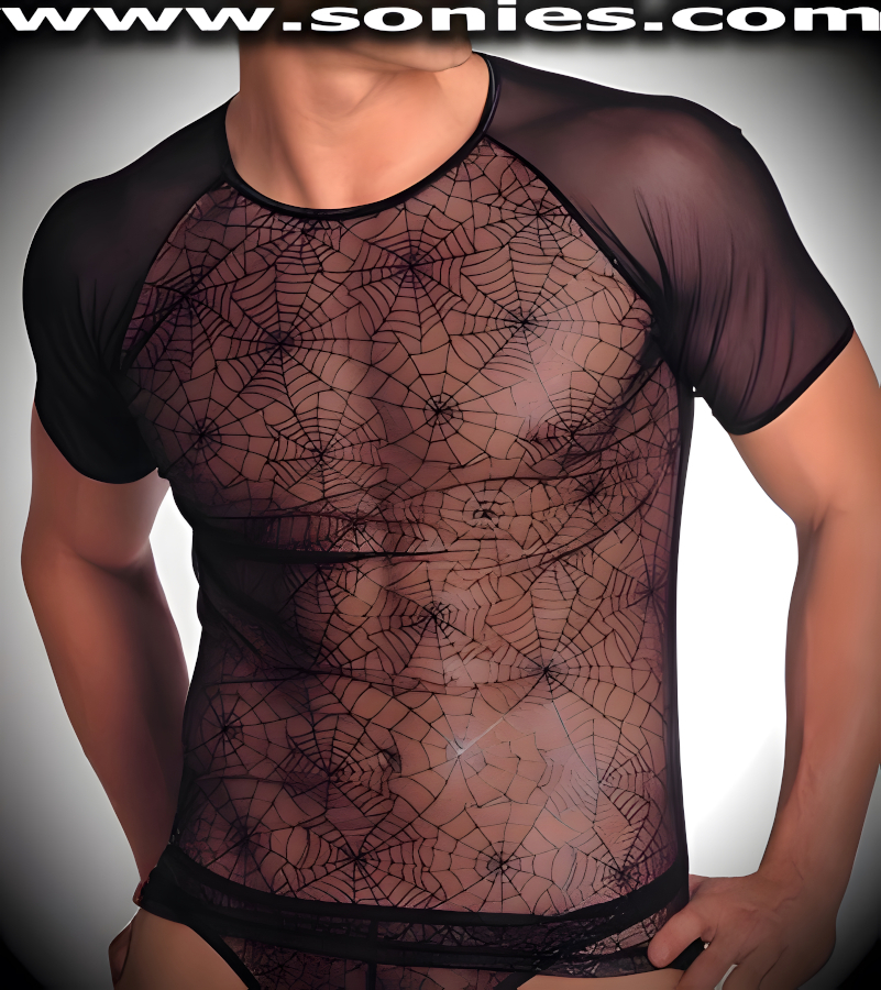 Man's Boötes diaphanous spiderweb embossed mesh Lycra T-shirt