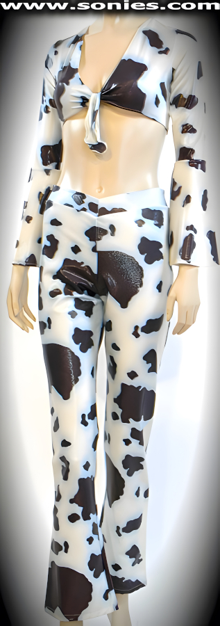 Psychedelic cow print Lycra bell sleeve crop top and pants set