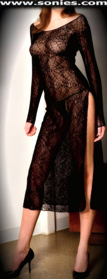 Black Widow spiderweb lace gown with long sleeves and side slit
