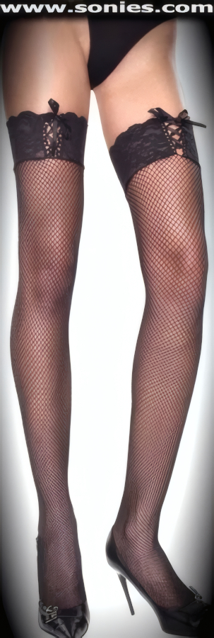Bravura stretch fishnet Lycra stockings with lacing tops