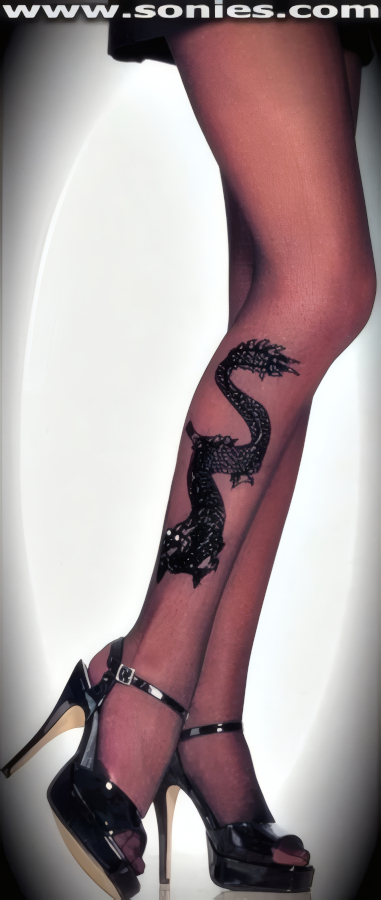 Troödon sheer pantyhose with vicious dragon tattoo side