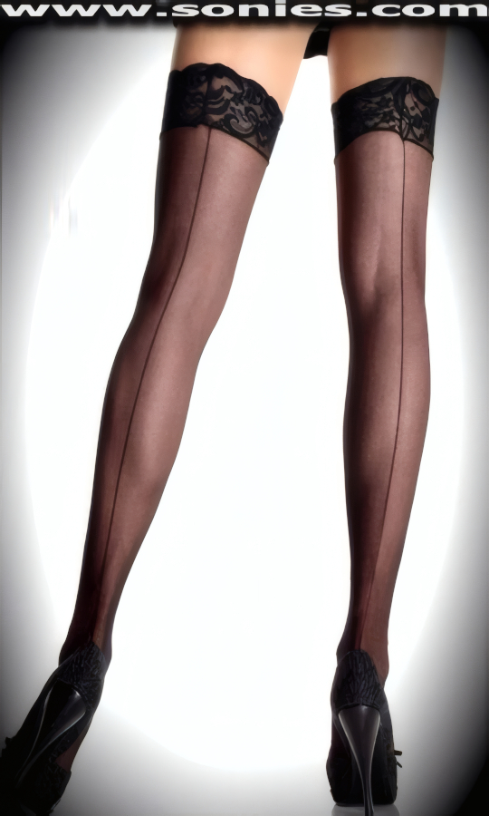 Plus-size Mysia sheer stockings with a lace top band and backseam