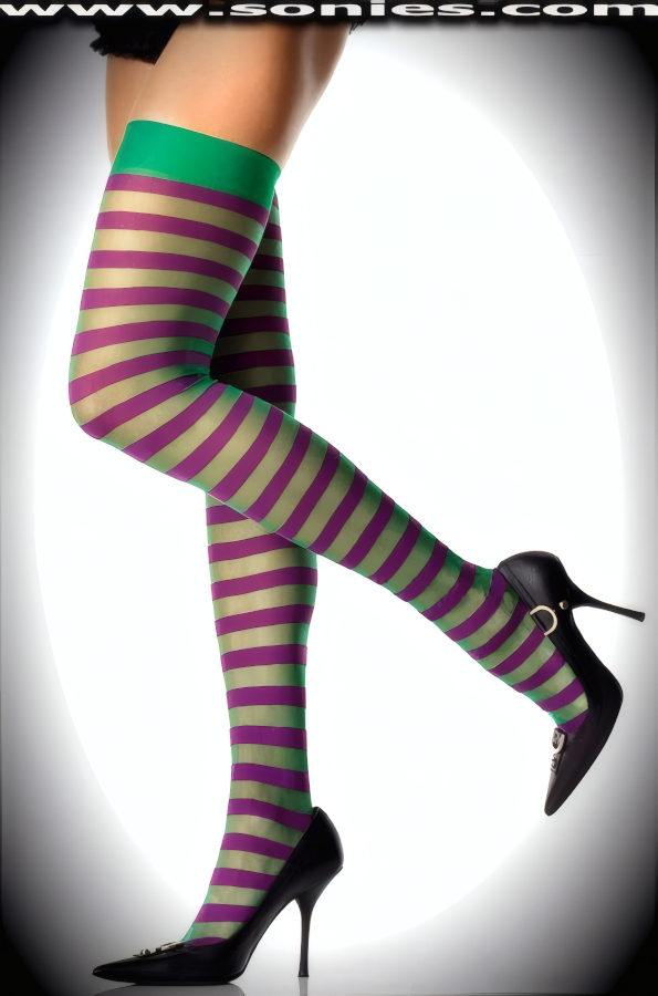 Amina fashion sheer with opaque striped thigh high stockings