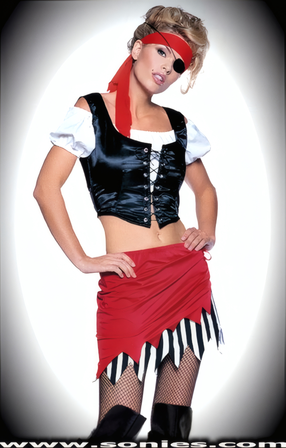 Pirate costume: headband, eye-patch, top, corselette and skirt