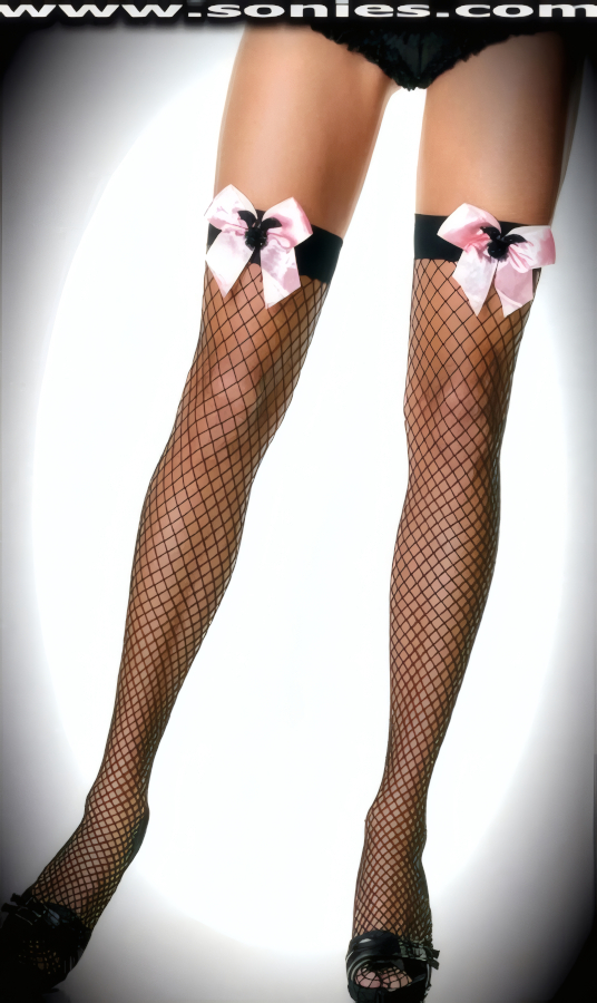 Pythia industrial net stockings with a satin bow and bat charm