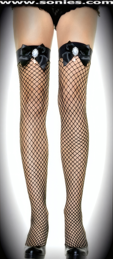 Amaya stretch industrial net stockings with satin bow and Cameo