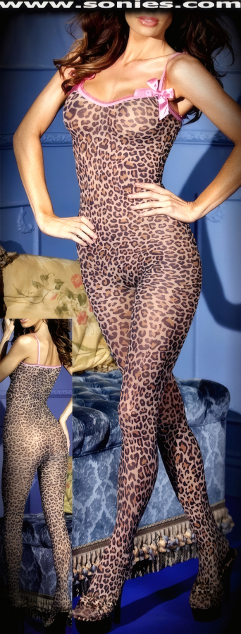 Eva Leopard Print Bodystocking with Pink Bow