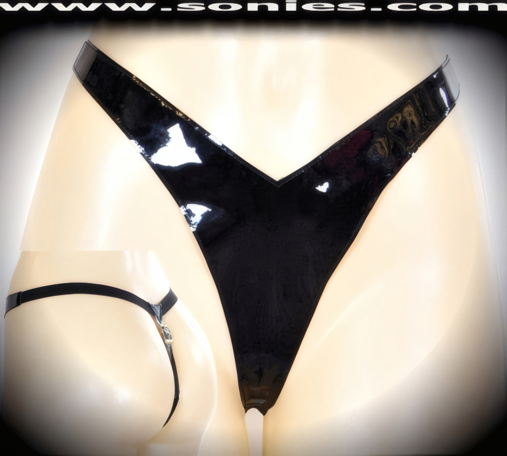 Aurora V-front vinyl panty with a metal buckle thong back strap