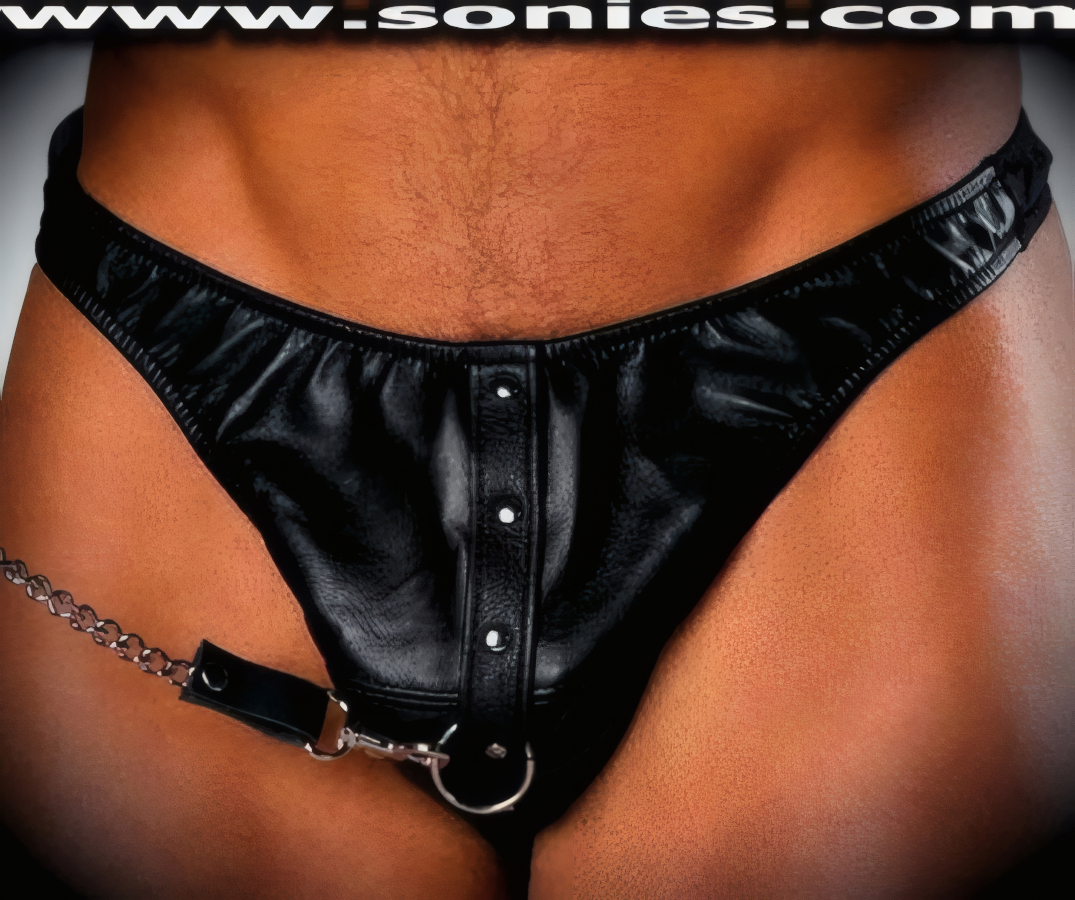 Man's Denversaurus leather thong underwear with metal O-ring
