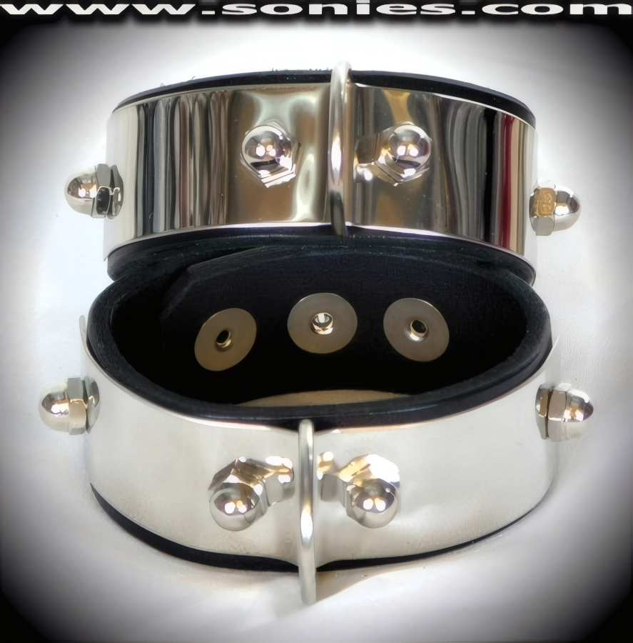 Pair of stainless steel with leather wristband and D-ring