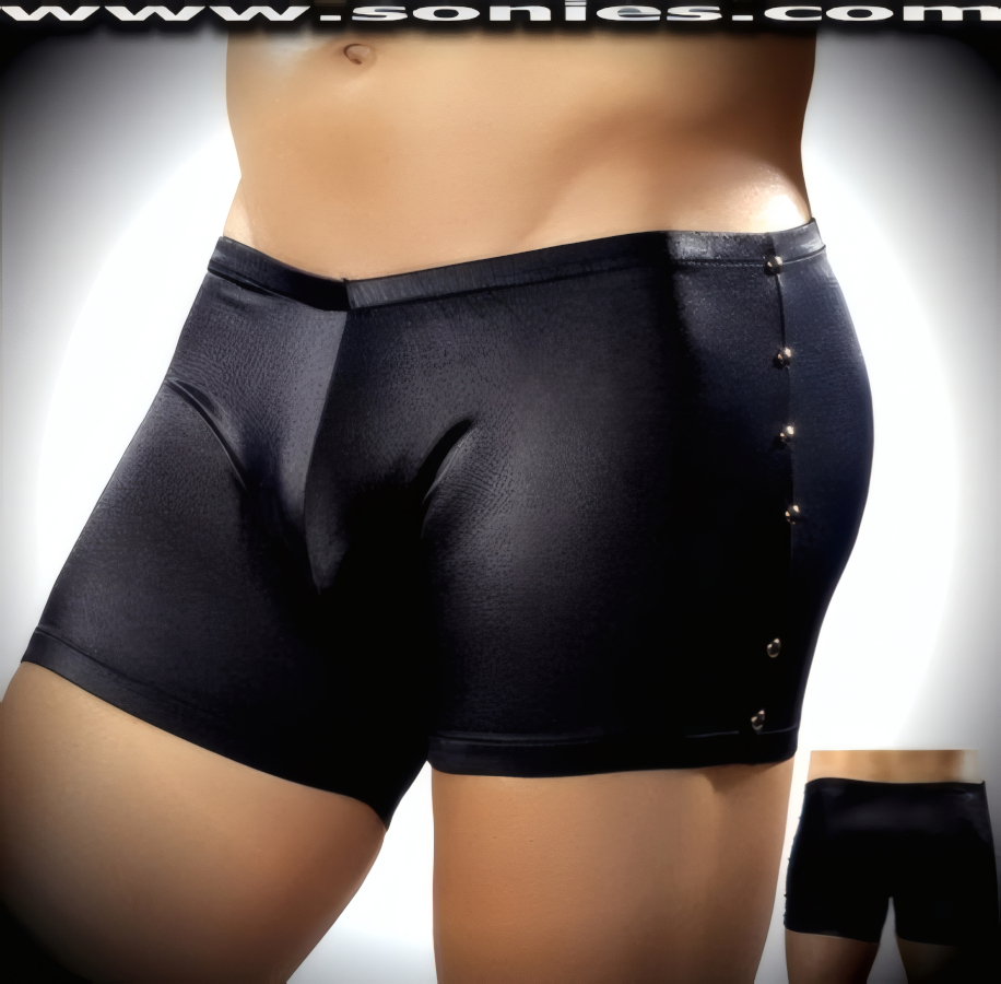 Men's Evan satin Lycra dance-wear low-rise shorts with metal studs