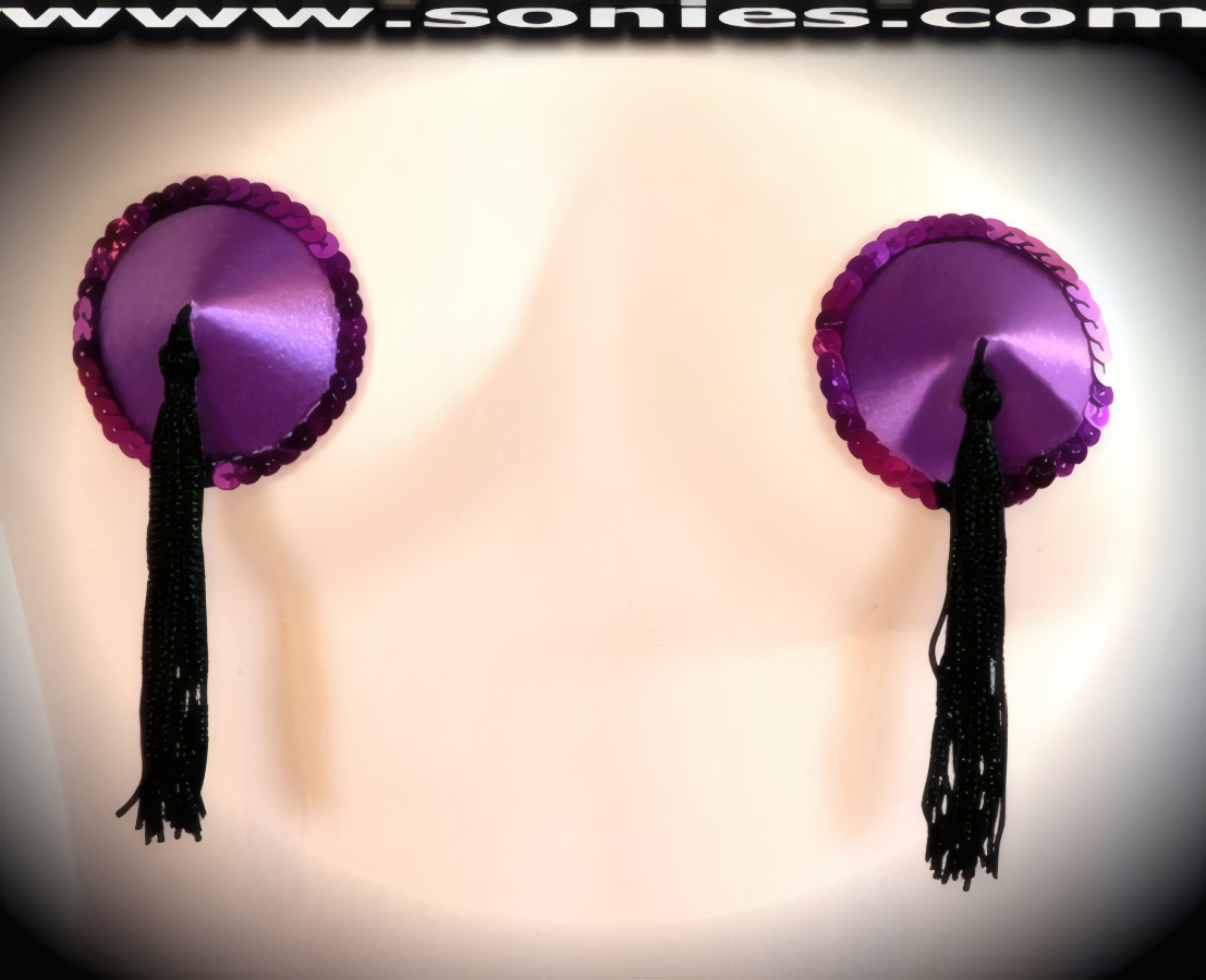 Phryne satin fabric pasties with sequin edging and tassels