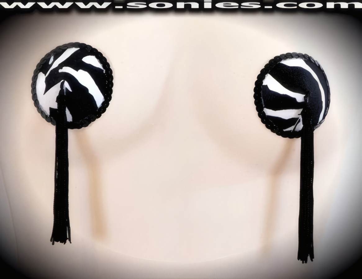 Burchell Zebra print pasties with sequin edging and tassels