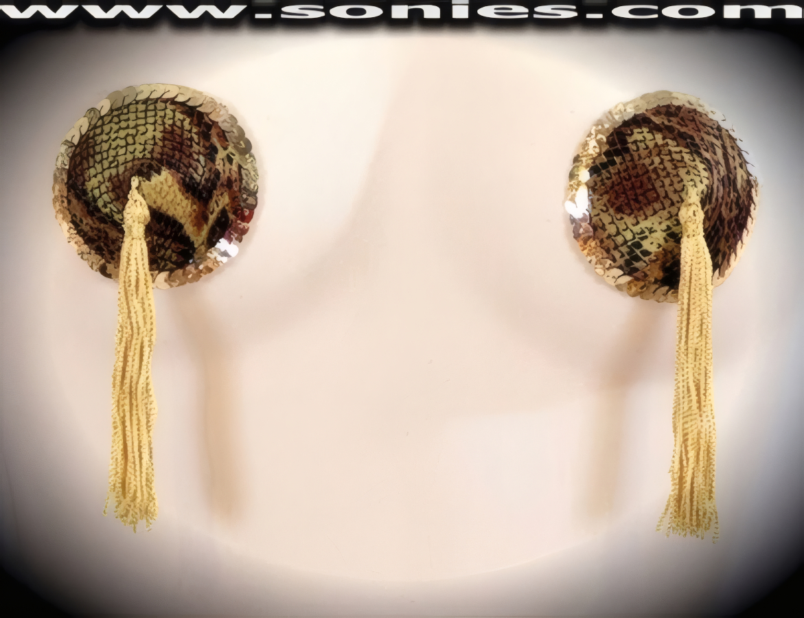 Pit Viper print fabric pasties with sequin edging and tassels