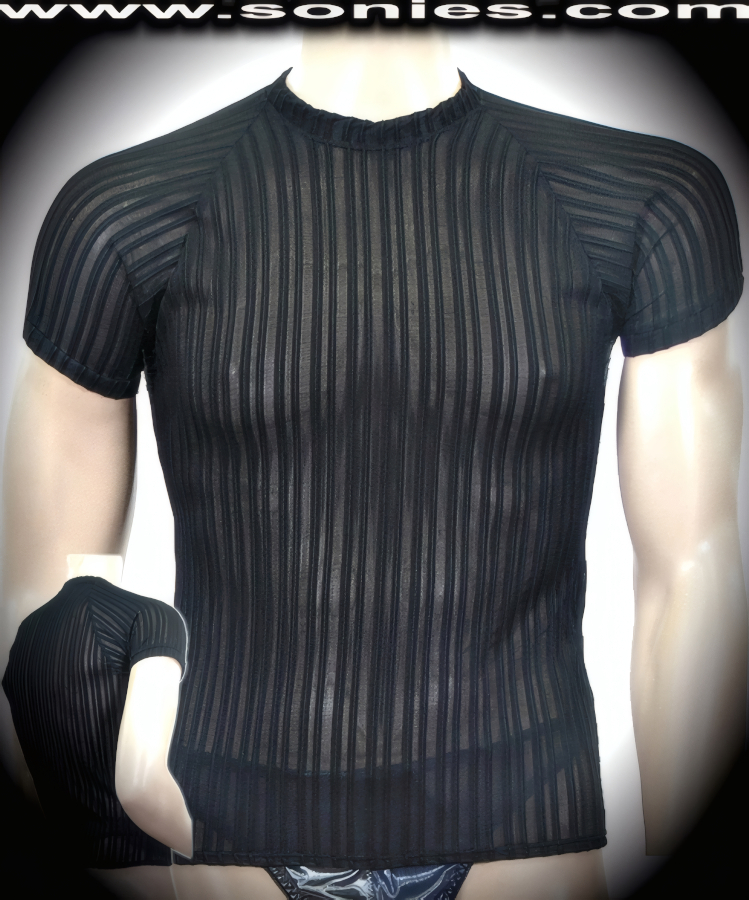 Man's Glenn sheer with opaque style piping striped Lycra T-shirt