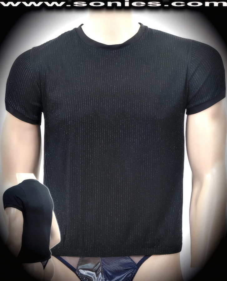 Man's Harry ribbed semi-sheer glitter slinky Lycra T-shirt