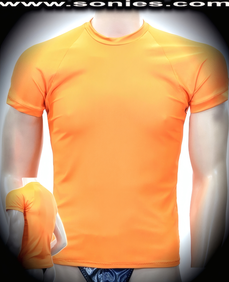 Man's Ramon dance-wear body-sculpted satin Lycra T-shirt