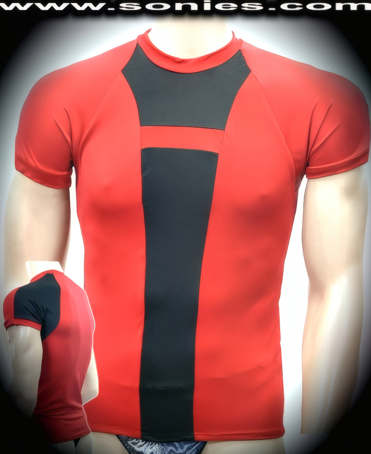 Man's Lev satin Lycra dance-wear T-shirt with contrasting panels