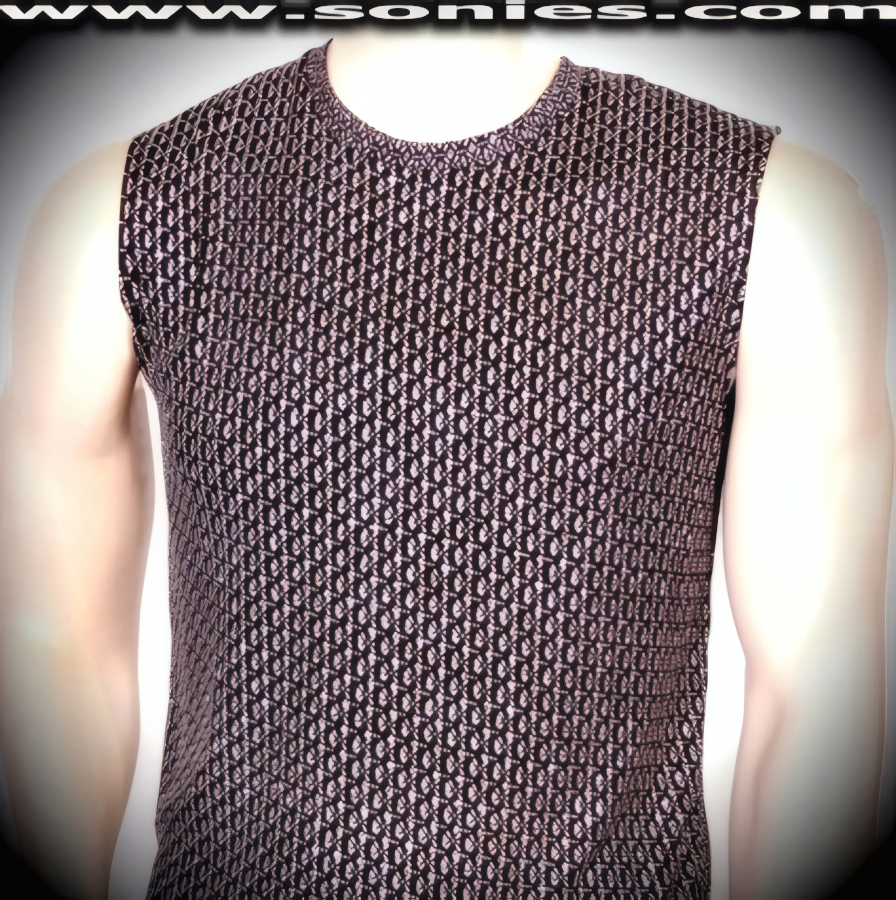 Man's Cheiron glitter foil with white flares slinky Lycra muscle shirt