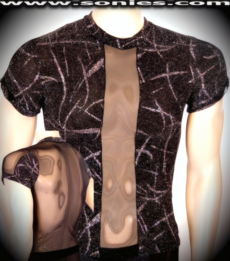 Man's Diopater glitter silver foil galaxy ray patterned Lycra shirt
