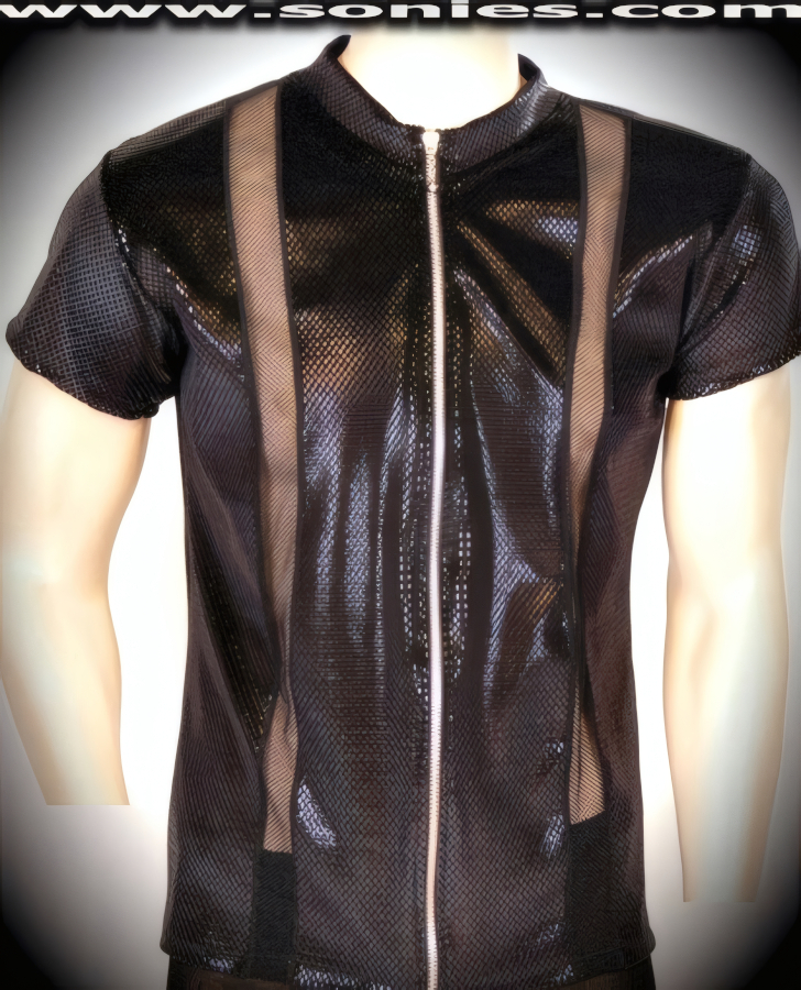 Man's Ulysses pyramid foil velvet shirt with mesh and zipper front