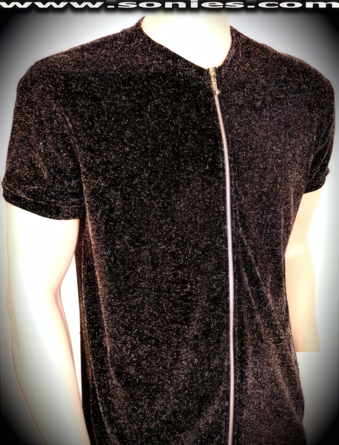 Mens Xanthus silver glitter slinky Lycra shirt with zipper front