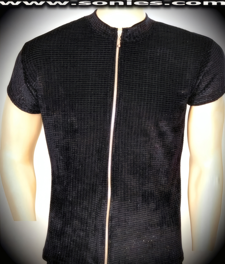 Man's Zeus glitter waffle-textured velvet shirt with metal zipper