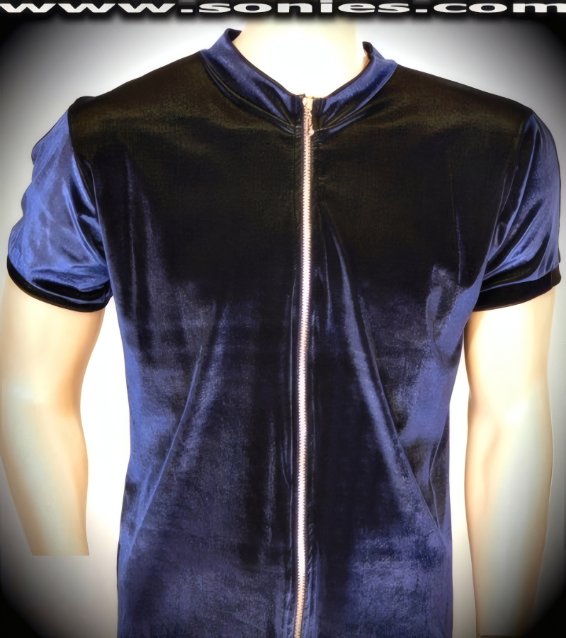 Man's Titian two-tone stretch velvet shirt with mesh inset sleeves