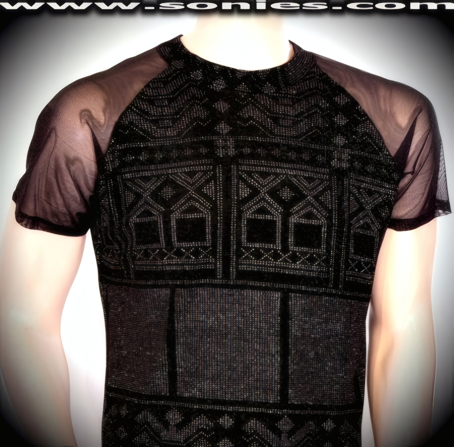 Man's Cyclades Aztec glitter silver foil Lycra shirt with mesh sleeves
