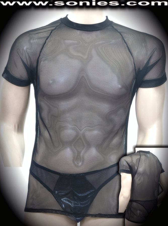 Man's Bartholomew fine fishnet Lycra short-sleeved T-shirt