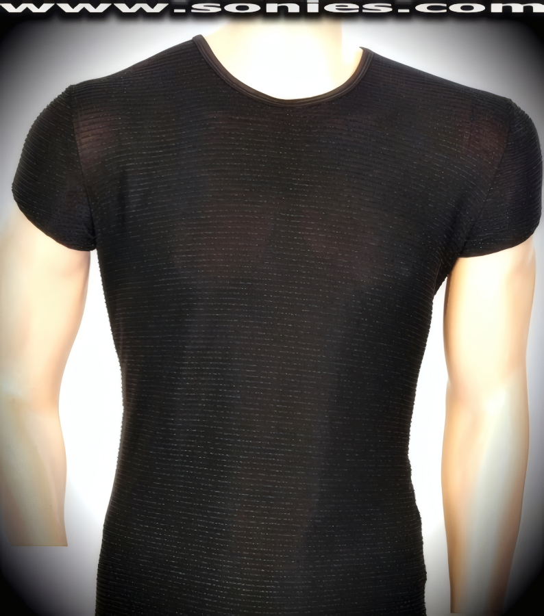 Man's Calydonian glitter ribbed semi-sheer slinky Lycra shirt