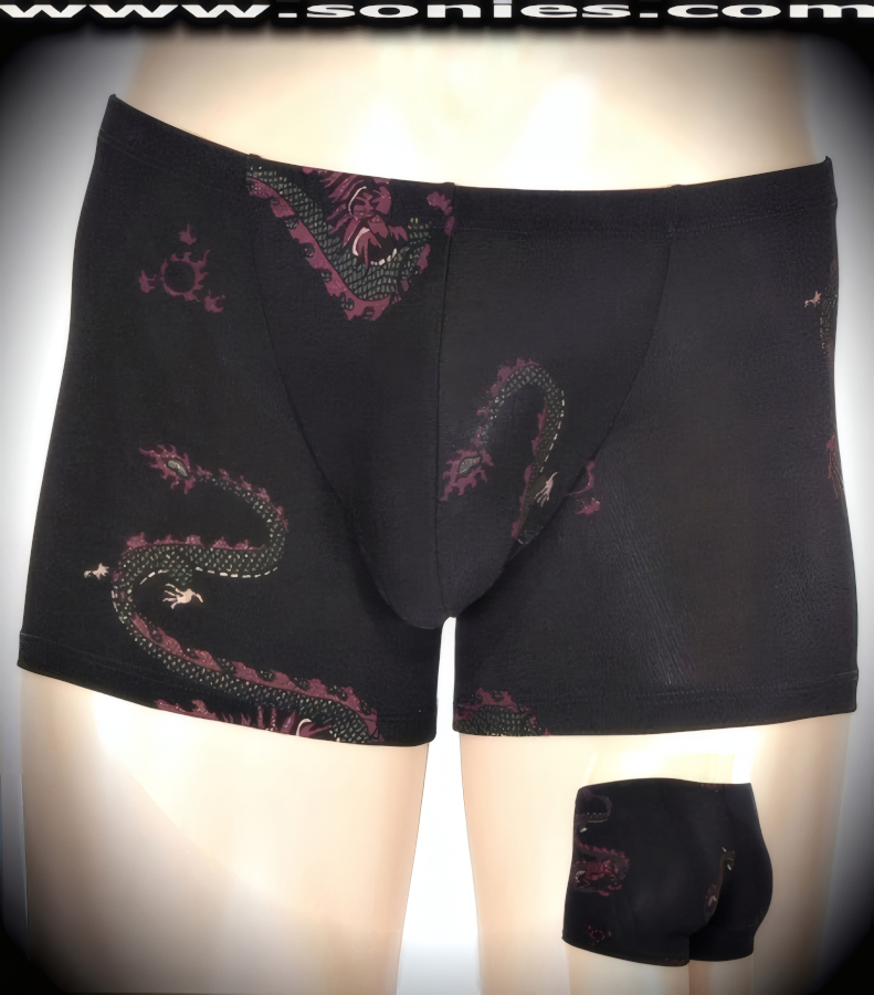 Men's Carwyn dance-wear dragon print slinky Lycra shorts