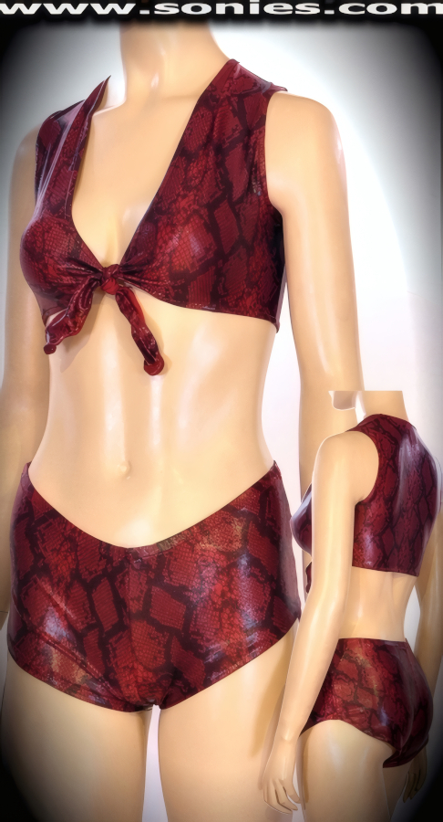 Böhmerwald foil Lycra crop top, shorts and thong panty set