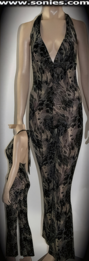 Pico Bolivar glittery camouflage slinky Lycra halter catsuit
