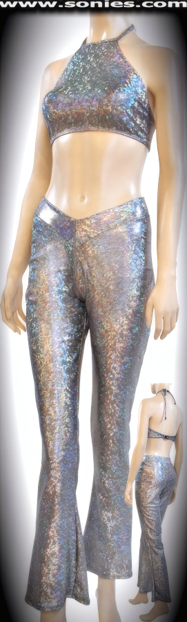 Coral stretch Lycra halter crop top and flared pants set