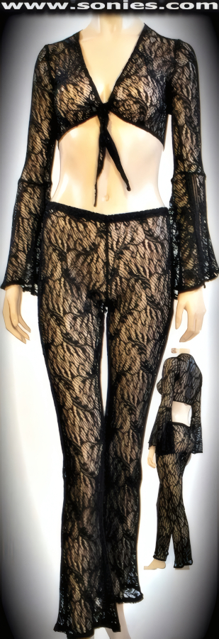 Bogong sheer lace bell sleeve crop top and pants set