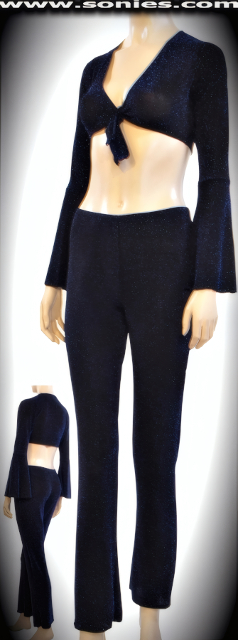 Abundia Black & Sapphire Glitter Lycra Crop Top, Pants & Thong Set