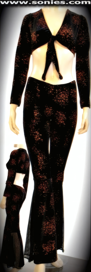Calypso copper foil velvet crop top and bell-bottom pants